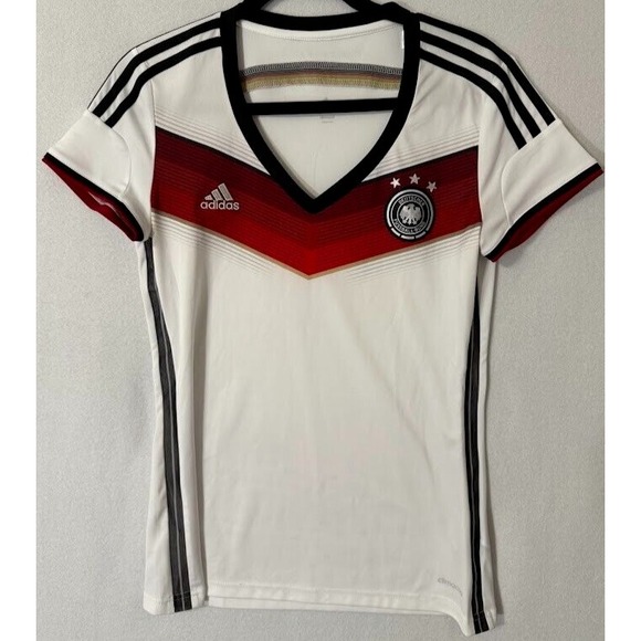 Adidas Shirt Deutscher Fussball-Bund Soccer Climacool Women Medium White V Neck - Picture 1 of 16
